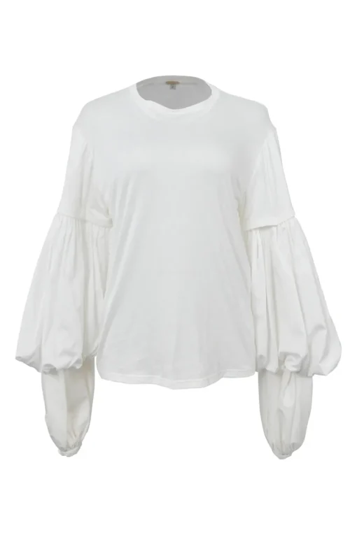 Ivory cotton mixed-media crewneck pullover oversized T-shirt with tiered balloon sleeves