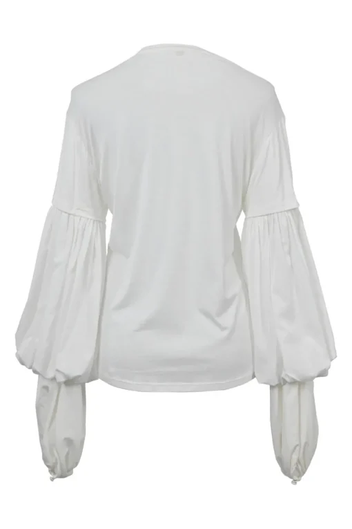Ivory cotton mixed-media crewneck pullover oversized T-shirt with tiered balloon sleeves