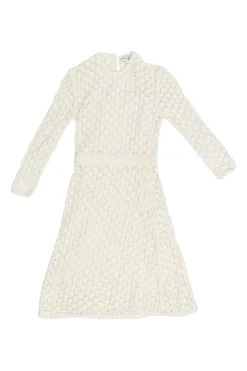 Ivory cotton peek-a-boo pointelle long sleeve A-line mini dress