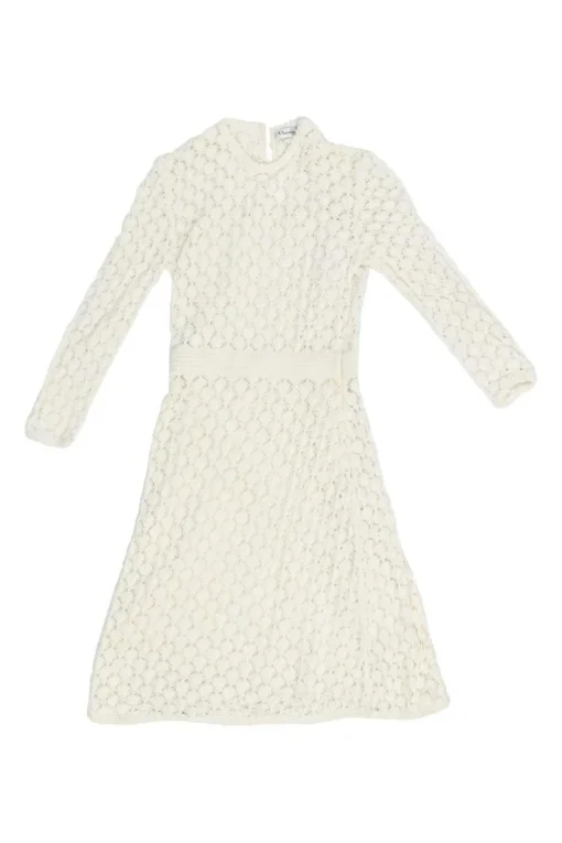 Ivory cotton peek-a-boo pointelle long sleeve A-line mini dress