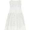 Ivory cotton poplin and floral guipure lace paneled sun dress with fixed straps and handkerchief hem