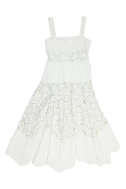 Ivory cotton poplin and floral guipure lace paneled sun dress with fixed straps and handkerchief hem