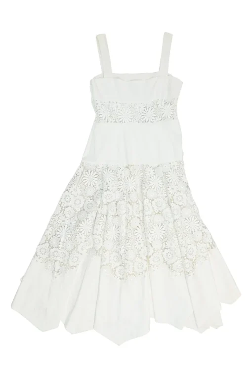 Ivory cotton poplin and floral guipure lace paneled sun dress with fixed straps and handkerchief hem