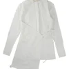 Ivory cotton poplin band collar wrap-front asymmetric apron-style shirt with self-tie fastening at waist
