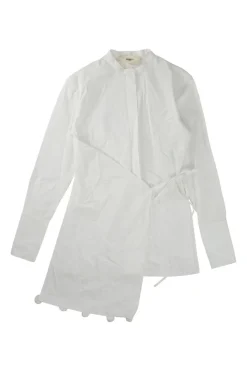 Ivory cotton poplin band collar wrap-front asymmetric apron-style shirt with self-tie fastening at waist
