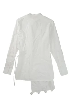 Ivory cotton poplin band collar wrap-front asymmetric apron-style shirt with self-tie fastening at waist