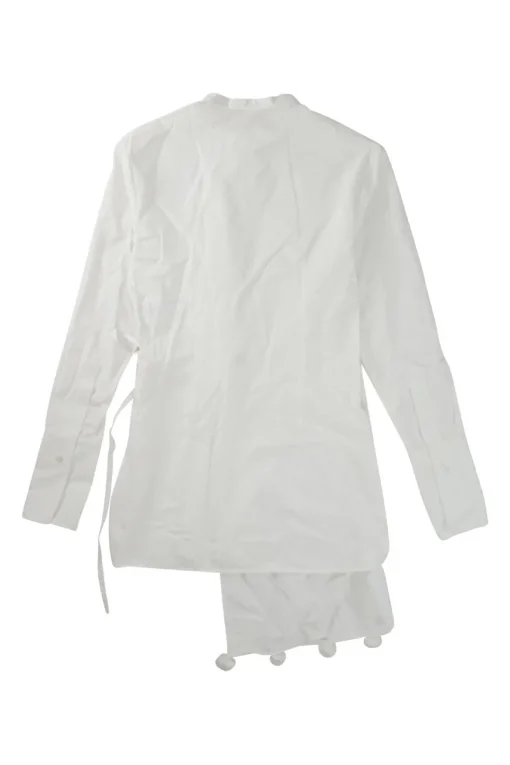 Ivory cotton poplin band collar wrap-front asymmetric apron-style shirt with self-tie fastening at waist