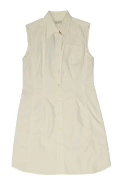 Ivory cotton poplin dagger collar button-front cinched waist sleeveless shirt dress