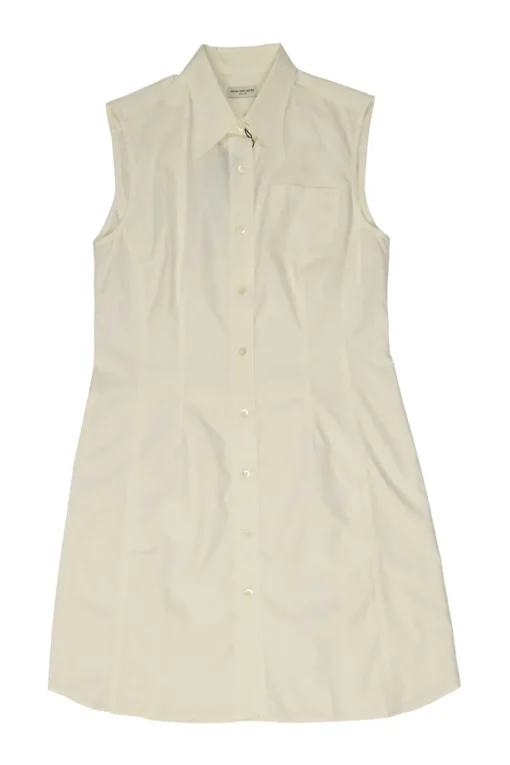 Ivory cotton poplin dagger collar button-front cinched waist sleeveless shirt dress