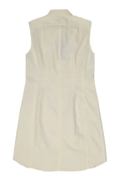 Ivory cotton poplin dagger collar button-front cinched waist sleeveless shirt dress