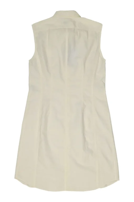 Ivory cotton poplin dagger collar button-front cinched waist sleeveless shirt dress