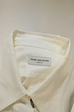 Ivory cotton poplin dagger collar button-front cinched waist sleeveless shirt dress