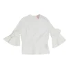 Ivory cotton poplin flounce swing-style top with knotted cuffs