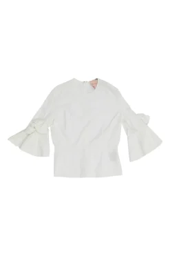 Ivory cotton poplin flounce swing-style top with knotted cuffs