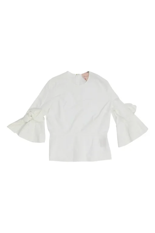 Ivory cotton poplin flounce swing-style top with knotted cuffs