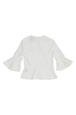 Ivory cotton poplin flounce swing-style top with knotted cuffs