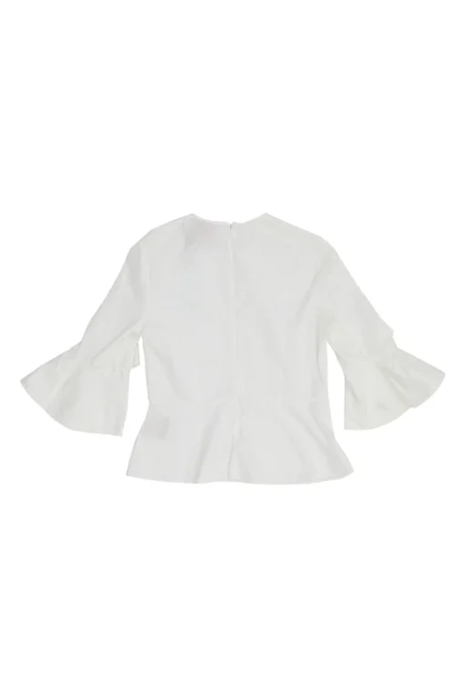 Ivory cotton poplin flounce swing-style top with knotted cuffs