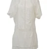 Ivory cotton poplin shirtwaist-style pintuck shift dress with tonal lace inserts