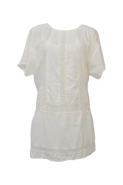 Ivory cotton poplin shirtwaist-style pintuck shift dress with tonal lace inserts