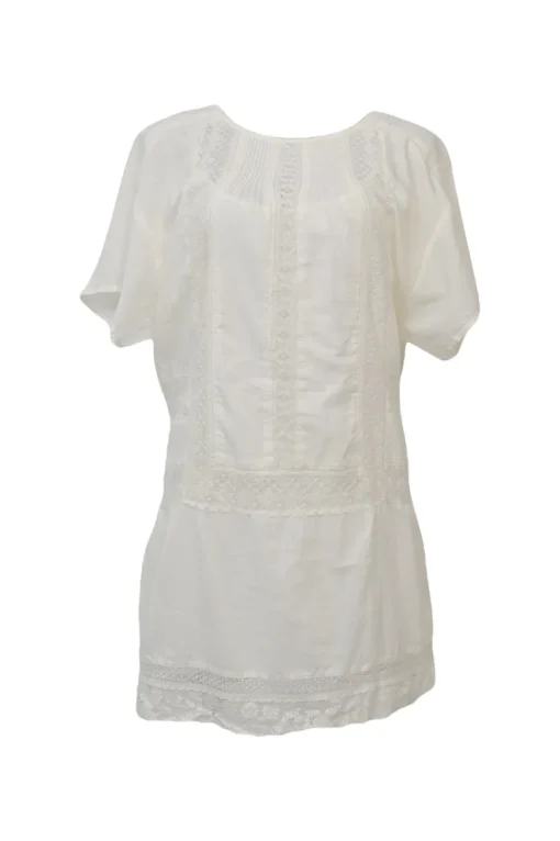 Ivory cotton poplin shirtwaist-style pintuck shift dress with tonal lace inserts