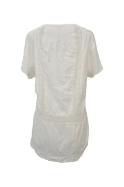 Ivory cotton poplin shirtwaist-style pintuck shift dress with tonal lace inserts