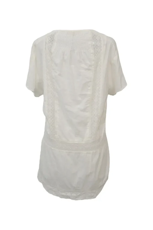 Ivory cotton poplin shirtwaist-style pintuck shift dress with tonal lace inserts