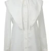 Ivory cotton poplin stand collar button-front shirt with detachable Bertha collar