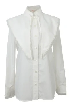 Ivory cotton poplin stand collar button-front shirt with detachable Bertha collar