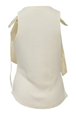 Ivory cotton scoop neck rib knit tank top with tonal ribbon-tie straps