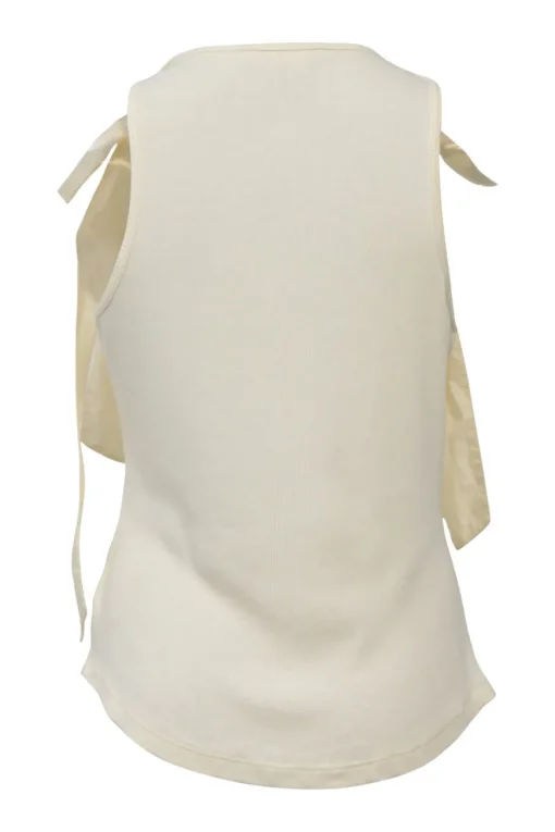 Ivory cotton scoop neck rib knit tank top with tonal ribbon-tie straps