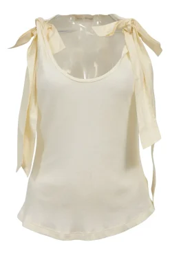 Ivory cotton scoop neck rib knit tank top with tonal ribbon-tie straps