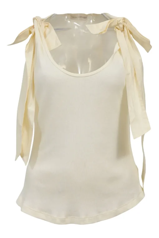 Ivory cotton scoop neck rib knit tank top with tonal ribbon-tie straps