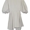 Ivory cotton twill zip-up asymmetric balloon half-sleeve mini dress with unfinished raw edges