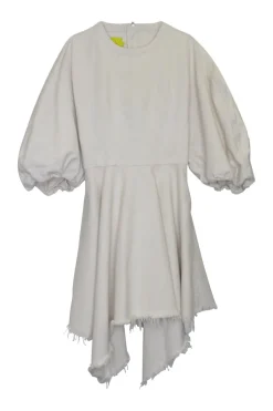 Ivory cotton twill zip-up asymmetric balloon half-sleeve mini dress with unfinished raw edges
