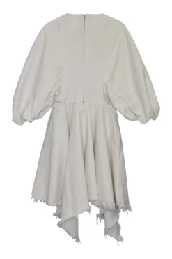 Ivory cotton twill zip-up asymmetric balloon half-sleeve mini dress with unfinished raw edges