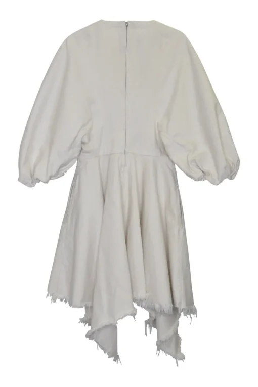 Ivory cotton twill zip-up asymmetric balloon half-sleeve mini dress with unfinished raw edges