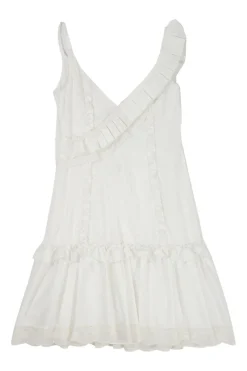 Ivory cotton-blend asymmetric ruffle swing dress with broderie Anlgaise scalloped hem