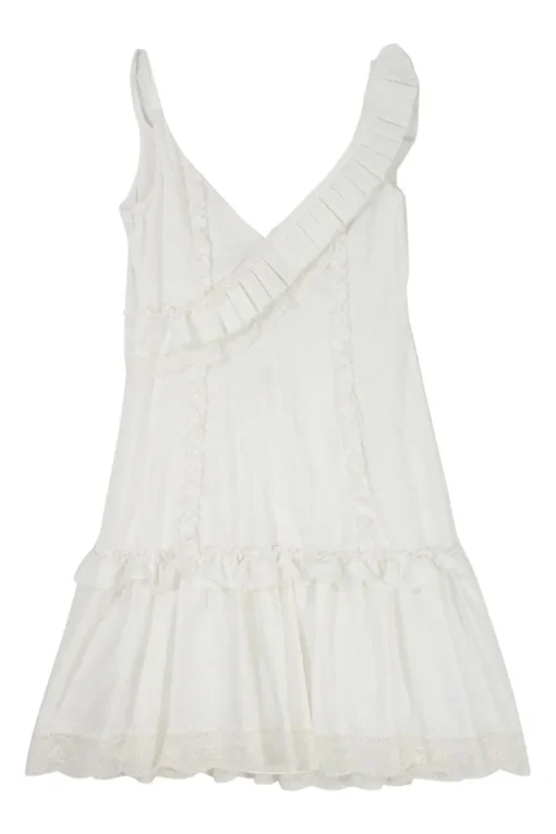 Ivory cotton-blend asymmetric ruffle swing dress with broderie Anlgaise scalloped hem