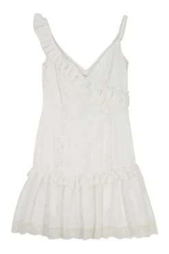 Ivory cotton-blend asymmetric ruffle swing dress with broderie Anlgaise scalloped hem