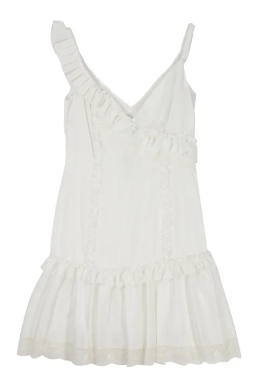 Ivory cotton-blend asymmetric ruffle swing dress with broderie Anlgaise scalloped hem