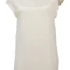 Ivory cotton-blend cap sleeve blouse with raw-edge shoulder line frill trim appliqué