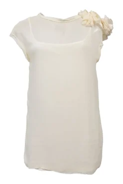 Ivory cotton-blend cap sleeve blouse with raw-edge shoulder line frill trim appliqué