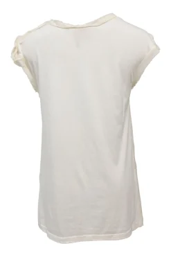 Ivory cotton-blend cap sleeve blouse with raw-edge shoulder line frill trim appliqué
