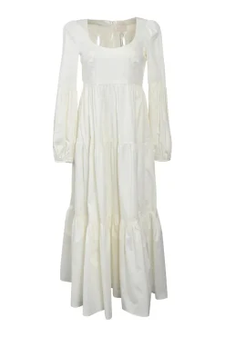 Ivory cotton-blend chemise à la reine-style long sleeve tiered maxi dress