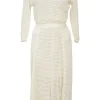 Ivory cotton-blend crochet knit tie-neck keyhole-front tennis-style midi dress with cinched waist and pleated skirt