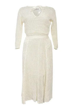 Ivory cotton-blend crochet knit tie-neck keyhole-front tennis-style midi dress with cinched waist and pleated skirt