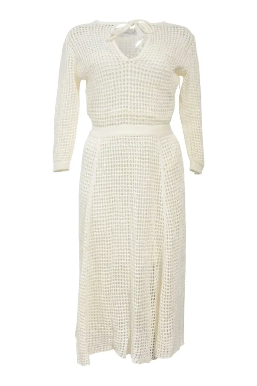 Ivory cotton-blend crochet knit tie-neck keyhole-front tennis-style midi dress with cinched waist and pleated skirt