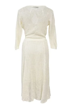 Ivory cotton-blend crochet knit tie-neck keyhole-front tennis-style midi dress with cinched waist and pleated skirt