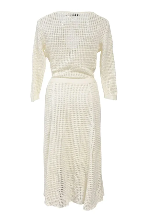 Ivory cotton-blend crochet knit tie-neck keyhole-front tennis-style midi dress with cinched waist and pleated skirt