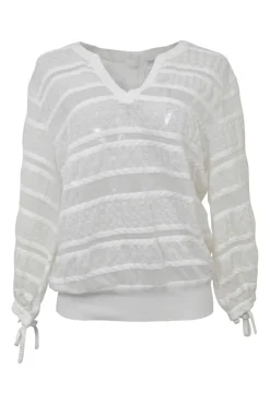 Ivory cotton-blend lace paneled peek-a-boo pullover Y-collar top with enamel Coco Mark shank button back
